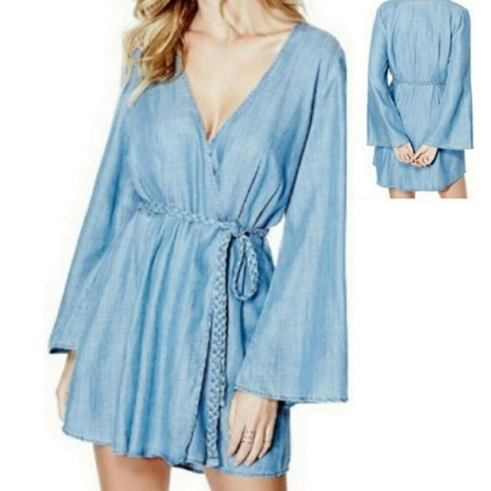 Guess Blue Bell Sleeve Chambray Wrap Casual Dress
